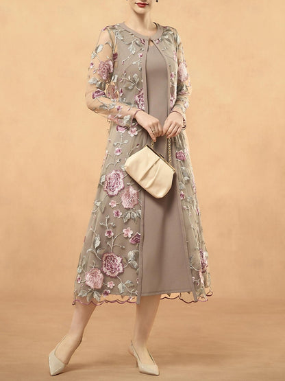 Elegant retro simple V-neck knee-length sleeveless Long Sleeve with Embroidered Lace Jacket