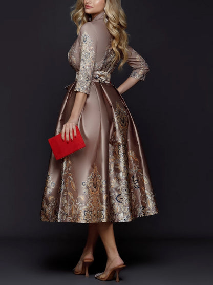 V-Neck Mid-Sleeve Print Midi Dress