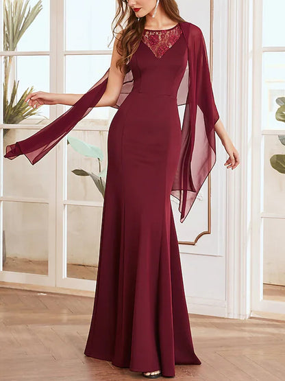 Round Neck Solid Color Lace Maxi Dress