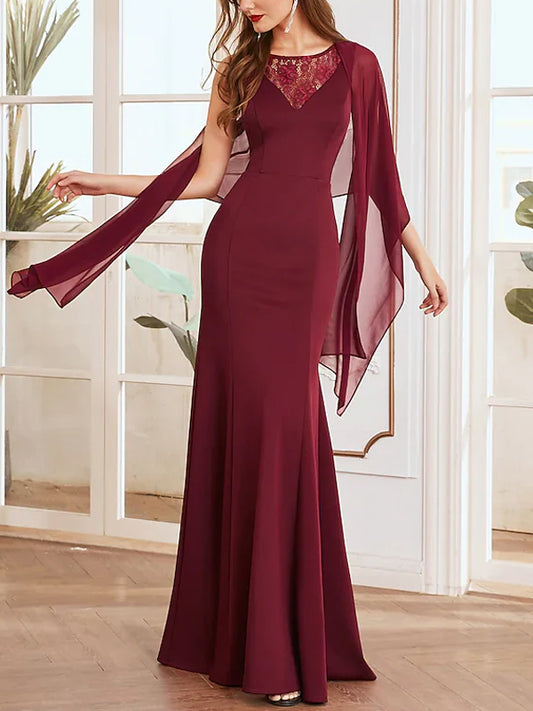 Round Neck Solid Color Lace Maxi Dress