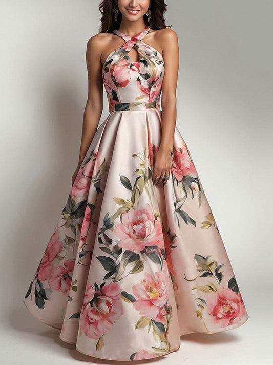 Pink Cross Halter Print Maxi Dress
