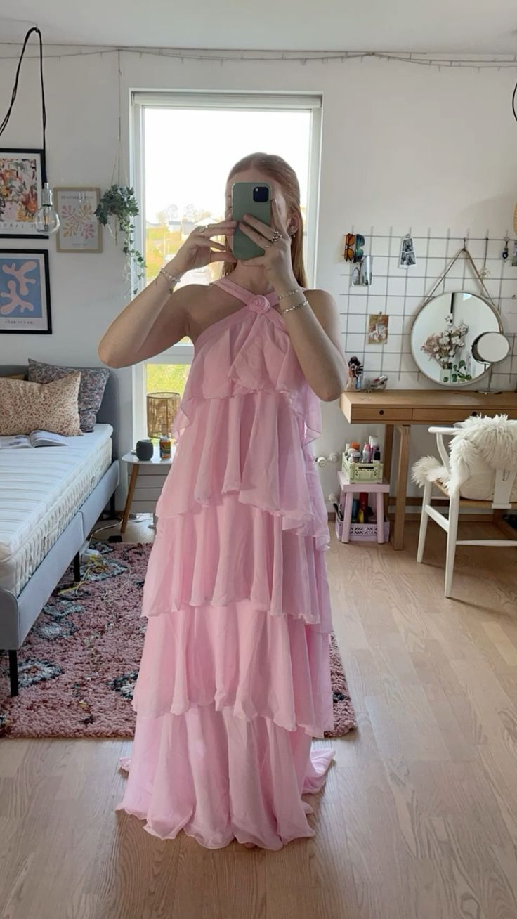 Pink suspenders fashion sweet A-line backless long chiffon tiered ball gown evening dress party dress gh2906
