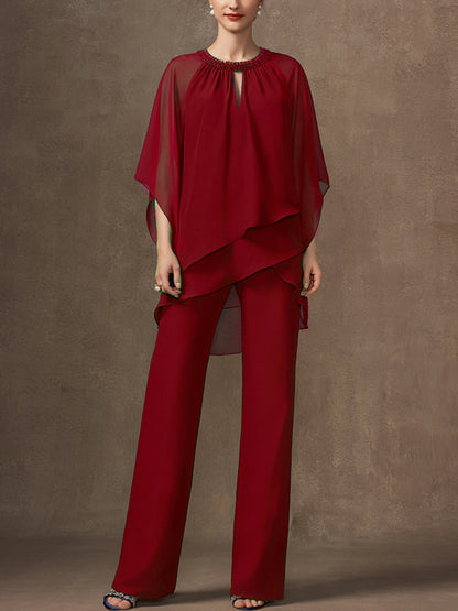 Chiffon Mother Sequin Top Trousers Suit