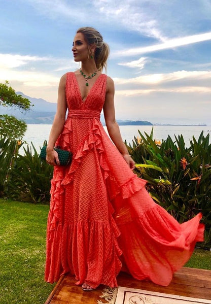 Orange fashion V-neck A-line tiered long elegant chiffon ruffle side slit Prom Dress evening dress wedding guest party dress gh2789
