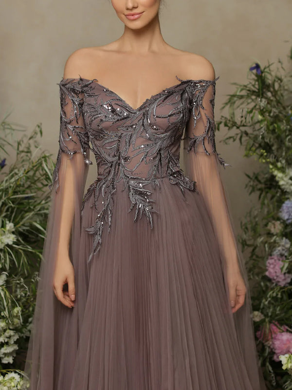 Off-the-shoulder mesh maxi dress