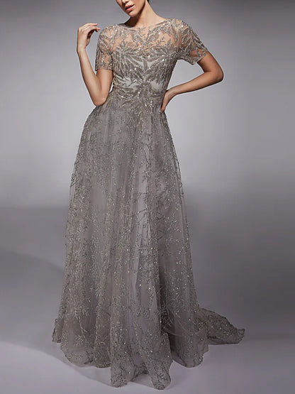 Round Neck Short Sleeve Sequined Mesh Maxi Dress