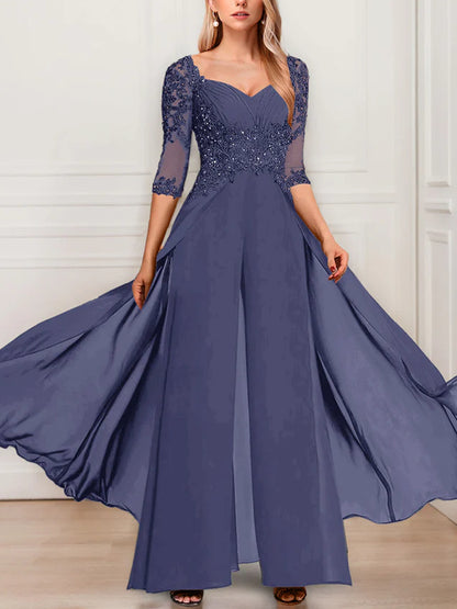 Chiffon V-Neck Half Sleeves Mother of the Bride Pantsuits with Applique