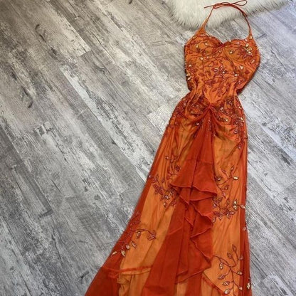 Orange Gorgeous Exquisite Beaded Spaghetti Strap Halter Neck Long Elegant Tulle Mermaid Slim Fit Ball Gown Evening Gown Party Dress gh3172