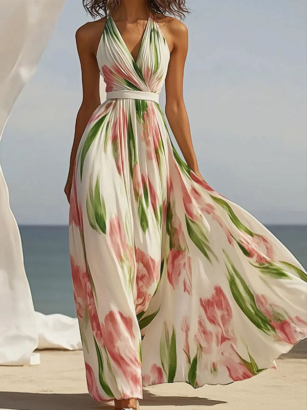 White Halterneck Sleeveless Print Maxi Dress