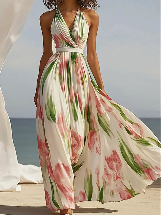 White Halterneck Sleeveless Print Maxi Dress