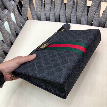 GUCCI Monogram Web Ophidia Pouch Brown