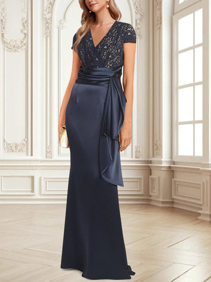 V-neck Lace Solid Color Maxi Dress