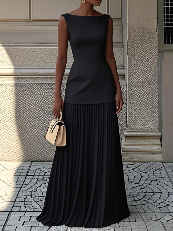 Off White Pleated Classic Boat Neck Sleeveless A-Line Maxi Dress