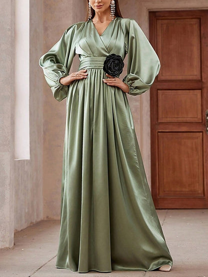 Satin Waist Floral Elegant Women's Dress
