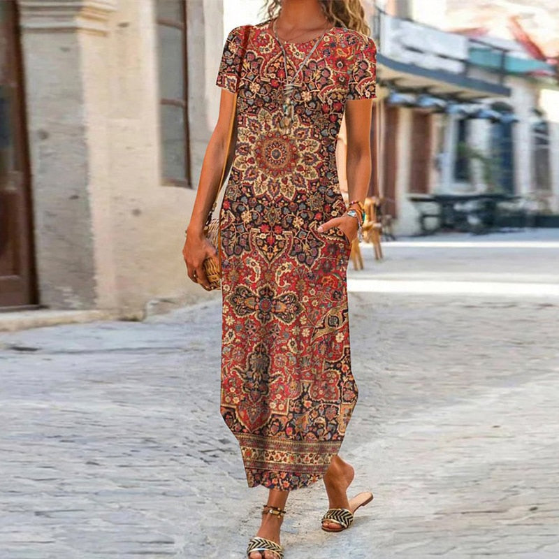 loveedsTM - Elegant Women Maxi Dress 2024 Summer O Neck Short Sleeve Sundress Office Lady Party Dress Female Print A-Line Long Dress Vestido