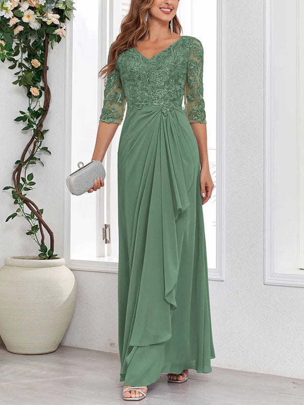 V Neck Half Sleeves Lace Appliques Long Chiffon Mother Of The Bride Dresses