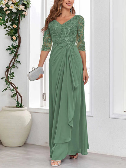 V Neck Half Sleeves Lace Appliques Long Chiffon Mother Of The Bride Dresses