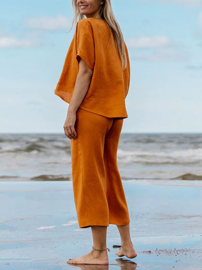 Casual Simple Solid Color Cotton Linen Women's Sets