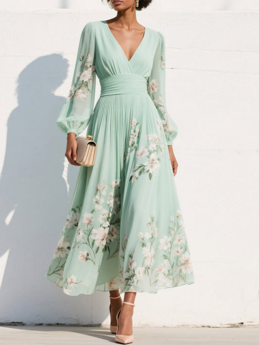 Light Green Ruched Floral Chiffon V Neck Long Sleeve Balloon Sleeve A-Line Maxi Dress