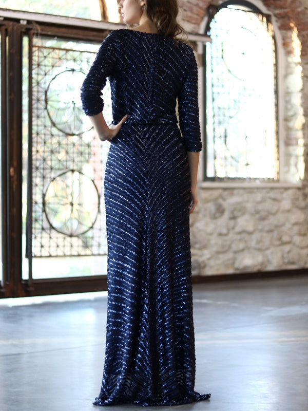 Round Neck Sequins Solid Color Maxi Dress