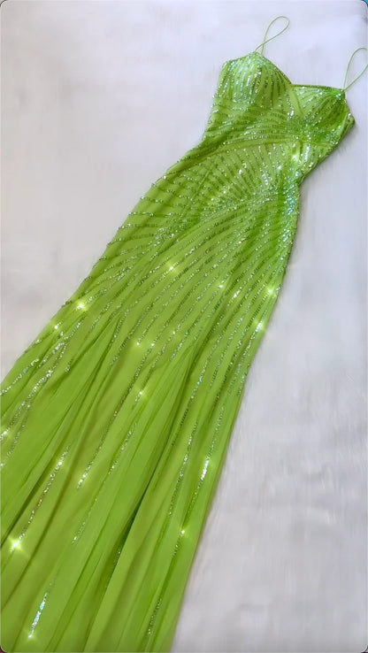 Green gorgeous fashion exquisite beaded spaghetti straps long tulle ball gown evening dress party dress gh3407
