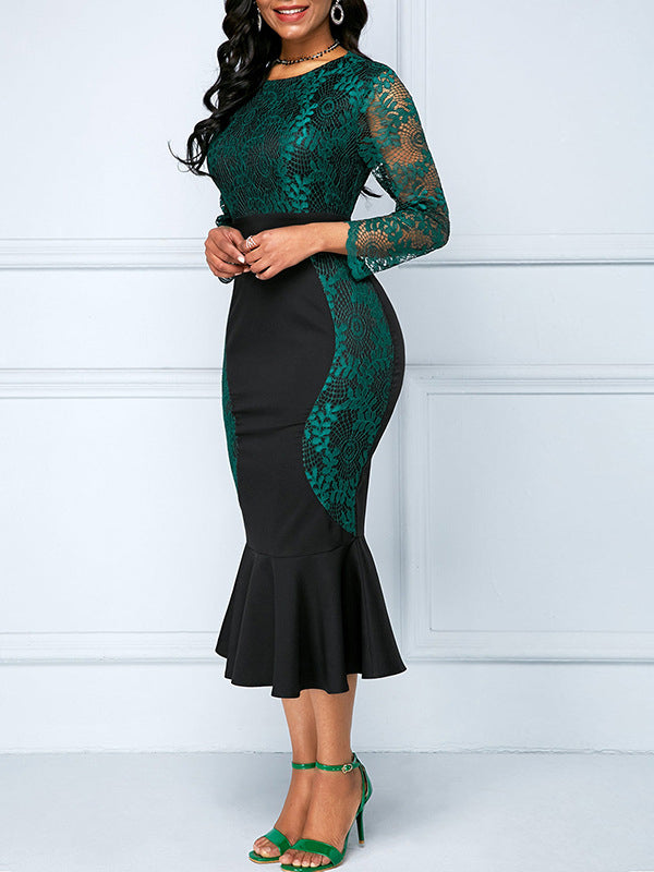 Round Neck High Waist Lace Stitching Package Hip Fishtail Dress