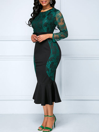Round Neck High Waist Lace Stitching Package Hip Fishtail Dress