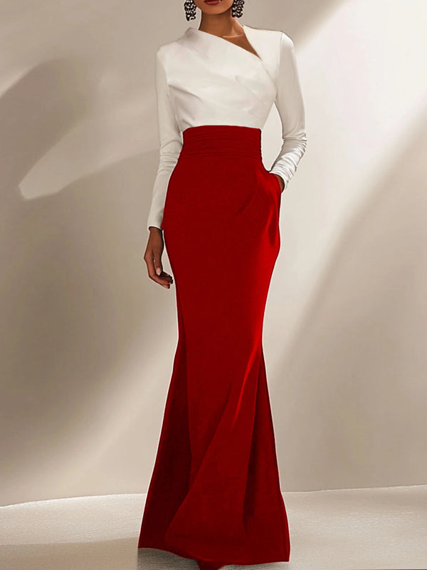 Evening Formal Elegant Dress Long Sleeve Black White Maxi Dress