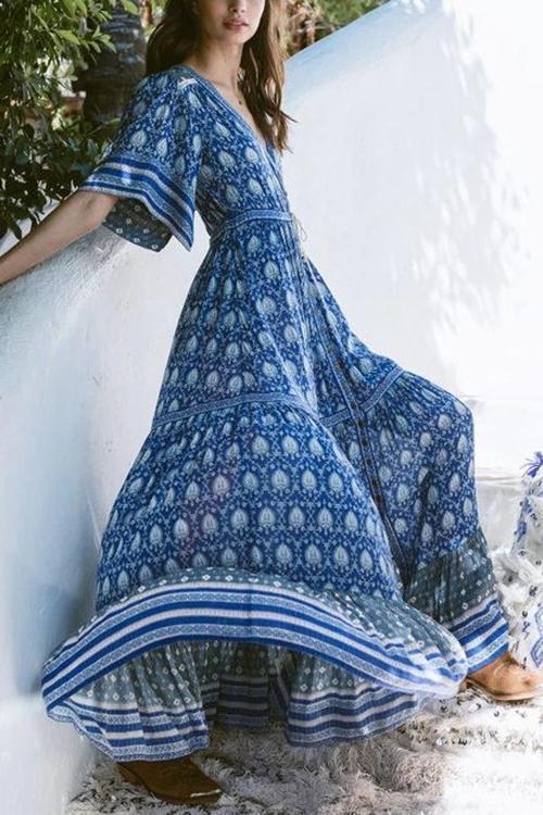 loveedsTM-Print V Neck Short Sleeve Maxi Dress