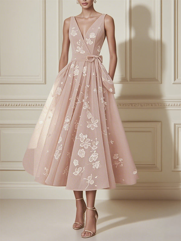 Pink V-neck Print Midi Dress