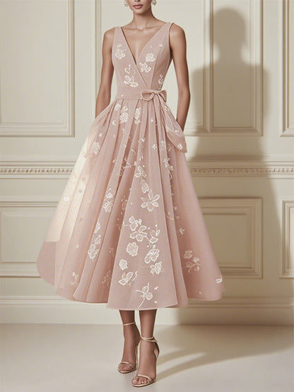 Pink V-neck Print Midi Dress