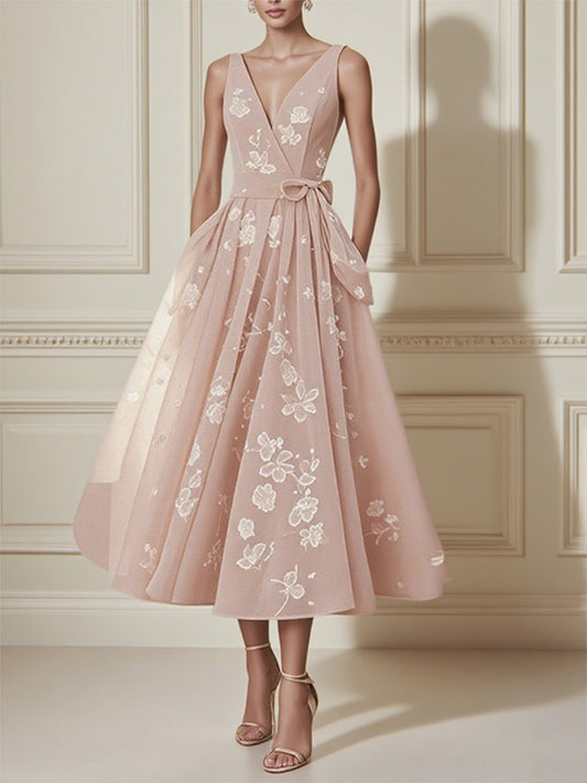 Pink V-neck Print Midi Dress