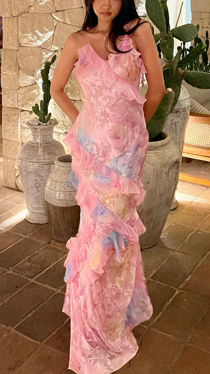 Dreamy elegant spaghetti strap pink layered ruffle maxi dress long chiffon evening gown Prom Dress gh2905