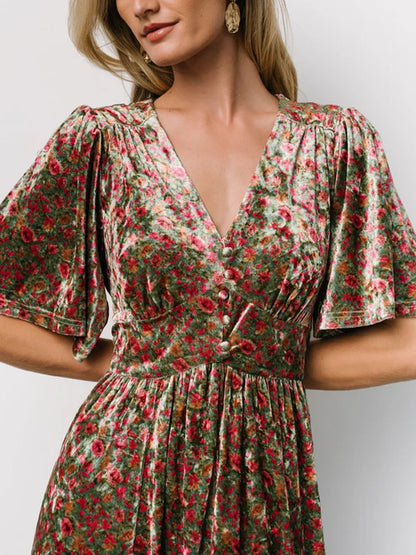 V-neck Corduroy Print Maxi Dress