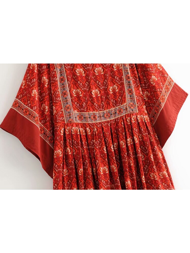 loveedsTM- Vintage Chic Fashion Women Red Floral Print O-neck Loose Bohemian Mini Dresses Ladies Batwing Sleeve Cotton Beach Boho Dress