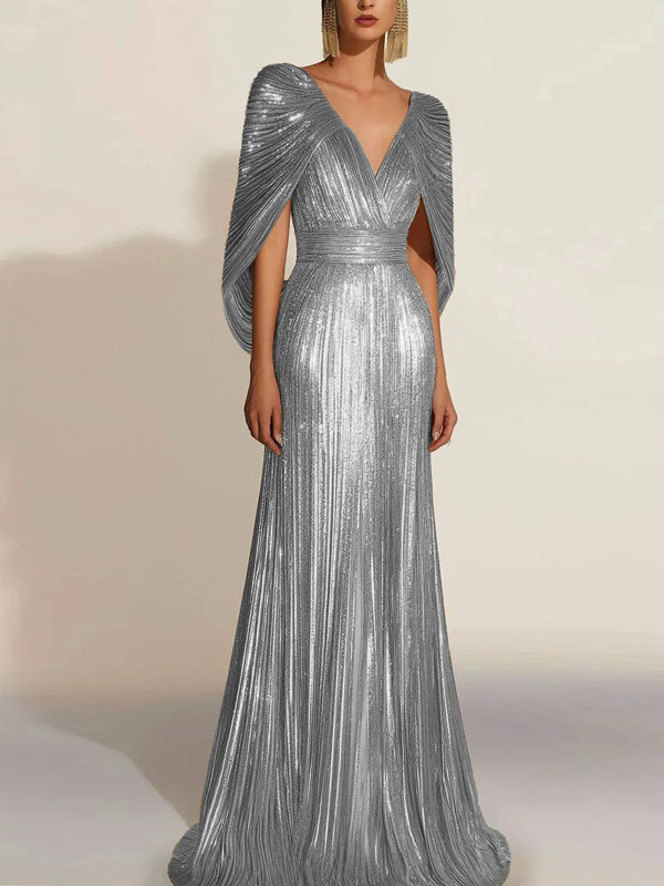 Formal Evening Fringe Dress Gold Cape V-neck Floor-length Gown