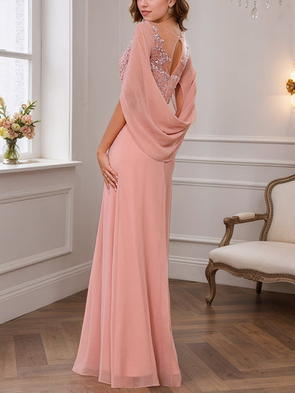 A-Line/Princess Illusion Scoop Appliques Ruched Mother of the Bride Dresses with Cape