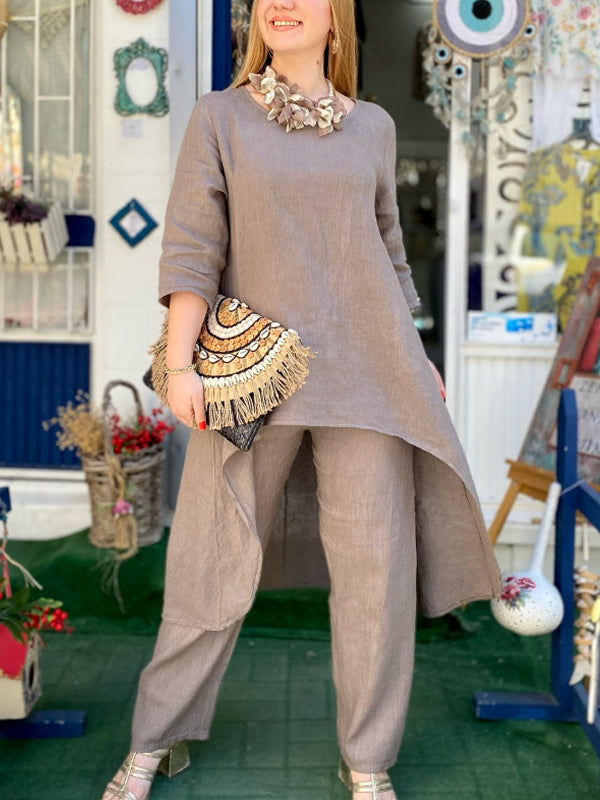 Women's Irregular Hem Cotton and Linen Suit