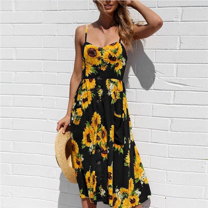 loveedsTM- Boho Sexy Floral Dress Summer Vintage Casual Sundress Female Beach Dress Midi Button Backless Polka Dot Striped Women Dress
