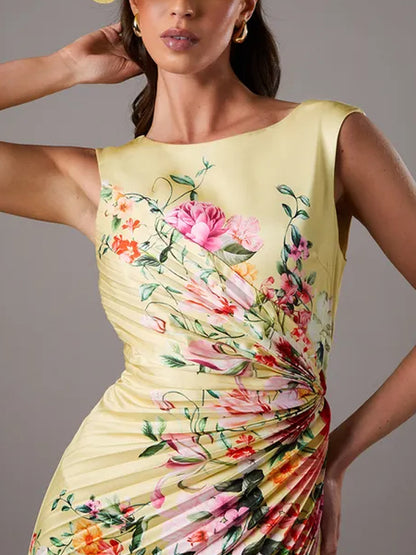 Pleated Floral Midi Dress With Pleat Detail