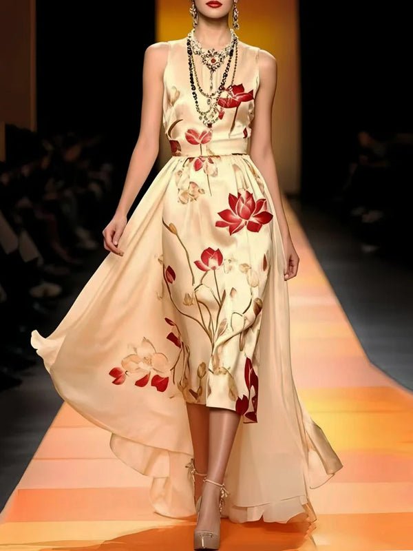 Exquisite Printed High Waist Silk Dress