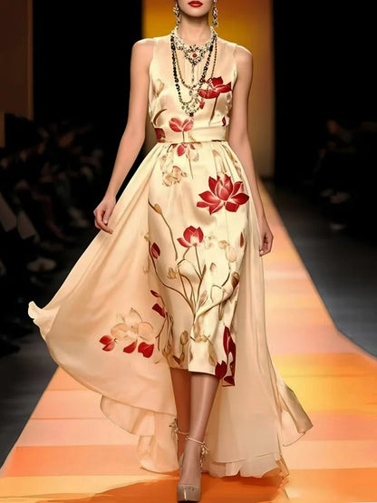 Exquisite Printed High Waist Silk Dress