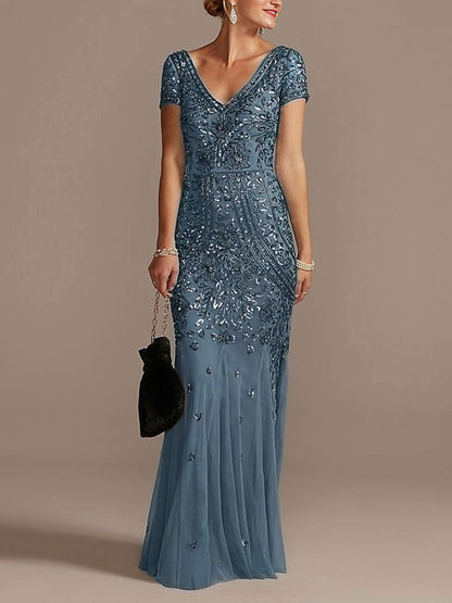 V-neck Beaded Short Sleeve Dress with Godets Mother of the Bride Dress