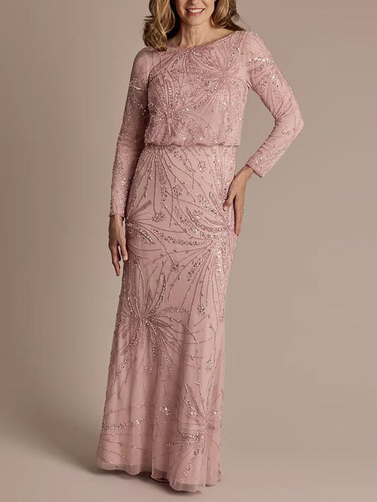 Long-Sleeve Beaded Blouson Top Sheath Dress