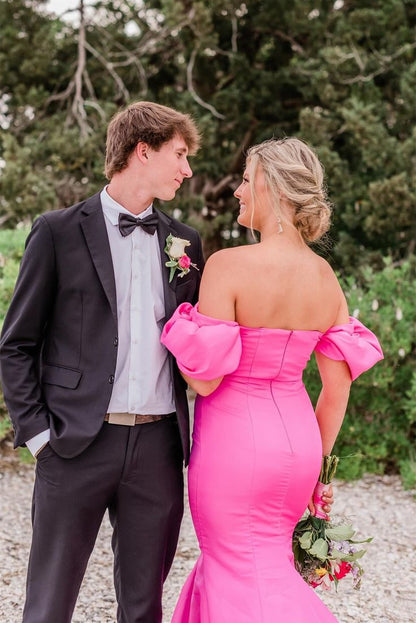 Elegant Mermaid Off-the-shoulder Hot Pink Satin Prom Dresses SH1748