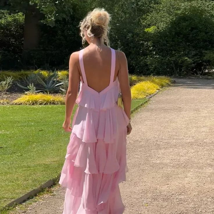Pink Halter Fashion Halter Ruffled Tiered Ruffle Long Chiffon Tulle Ball Gown Evening Gown Party Dress gh3100