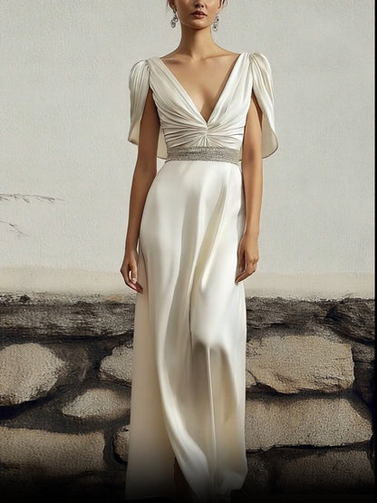 Evening Party Satin Dress White Deep V-Neck Rhinestone Belt Slit Maxi Dress