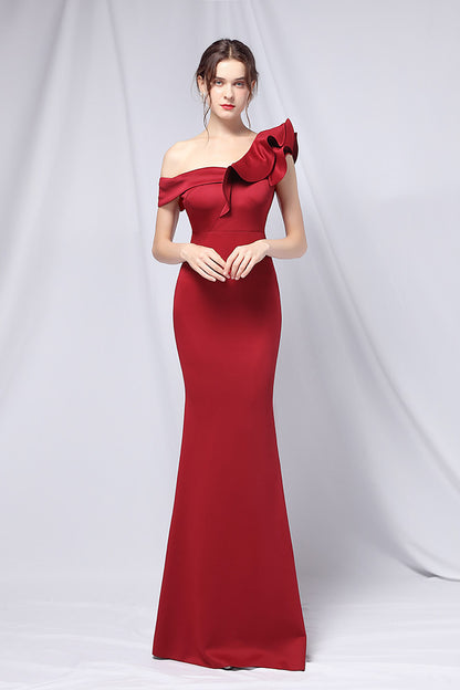 loveedsTM-Solid color one shoulder banquet evening dress