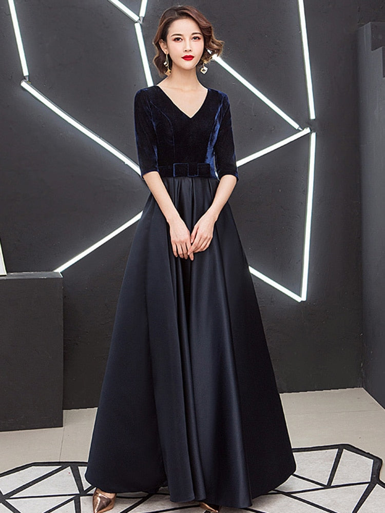 loveedsTM-V-neck Bow Waist A-line Satin Evening Dresses Short-Sleeve Velour Formal Women Prom Dresses Elegant Graduation Party Gowns