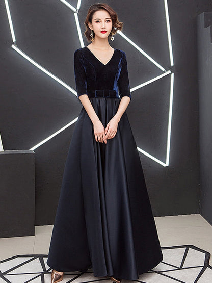 loveedsTM-V-neck Bow Waist A-line Satin Evening Dresses Short-Sleeve Velour Formal Women Prom Dresses Elegant Graduation Party Gowns